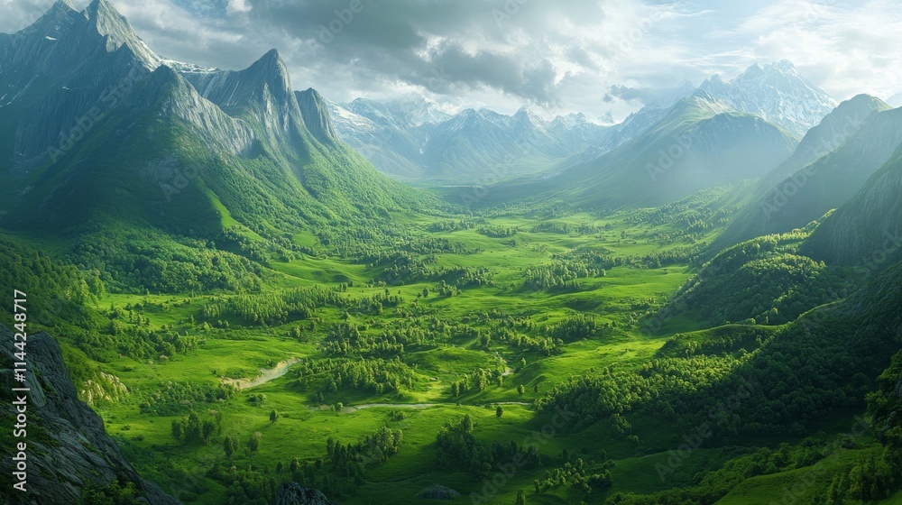A panoramic green landscape with mountains and valleys, A panoramic green landscape with mountains and valleys,
