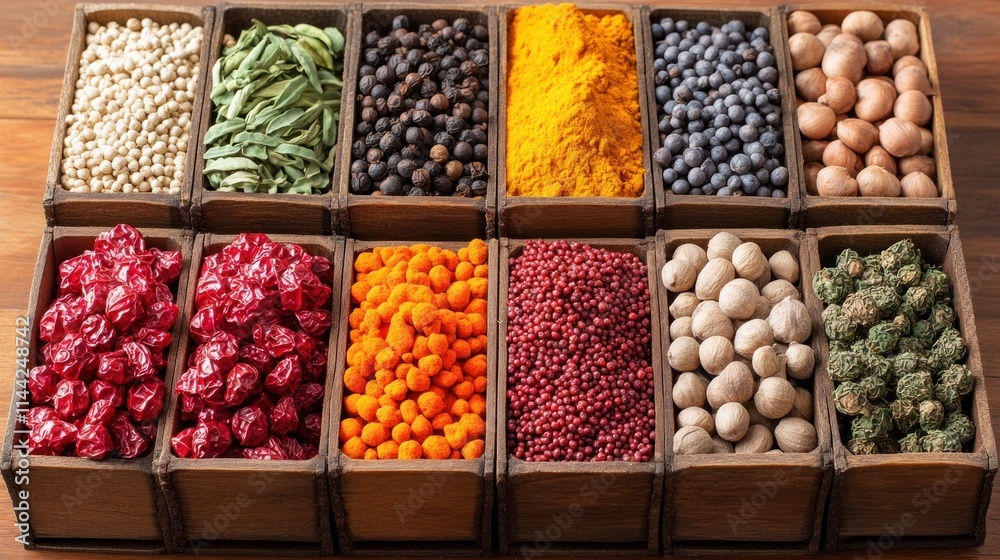 Assorted spices and dried fruits in wooden boxes.