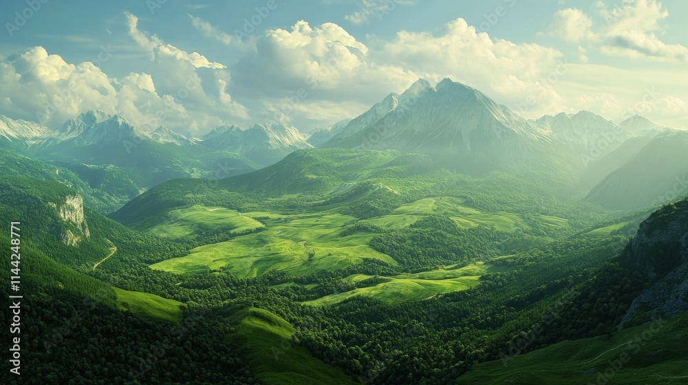 Fototapeta premium A panoramic green landscape with mountains and valleys,