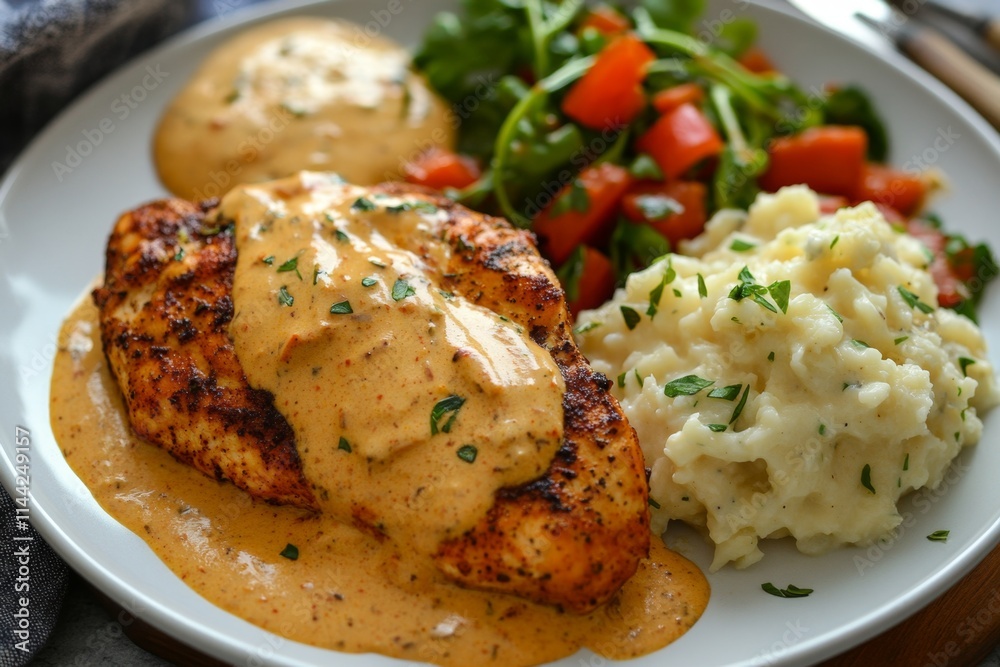 Creamy Chicken with Mashed Potatoes and Salad Creamy Chicken with Mashed Potatoes and Salad