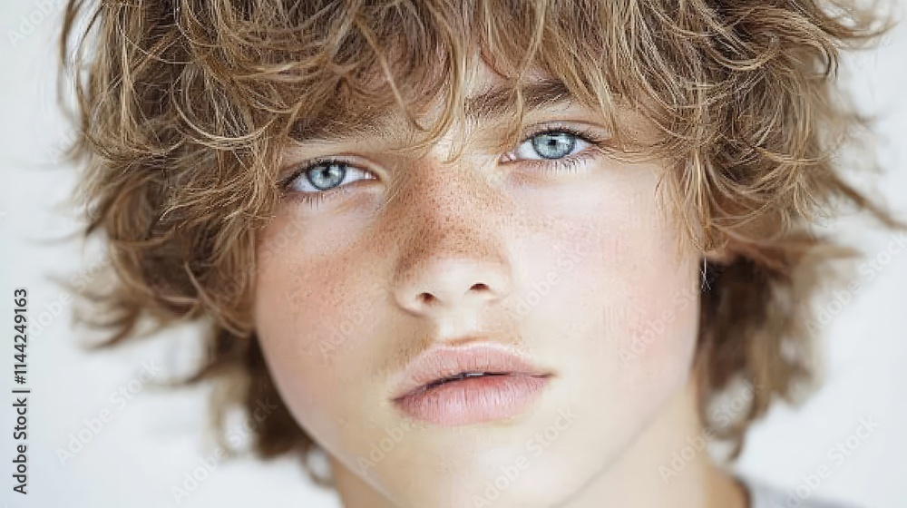 Close-up portrait of a teenage boy with light brown curly hair and blue eyes. Close-up portrait of a teenage boy with light brown curly hair and blue eyes.