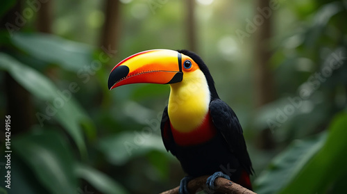 A toucan with a long beak in the forest