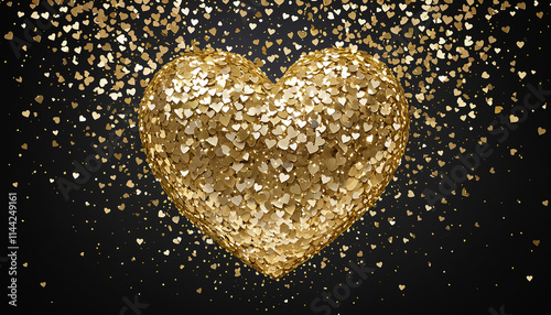 gold heart made of glittering hearts on black background