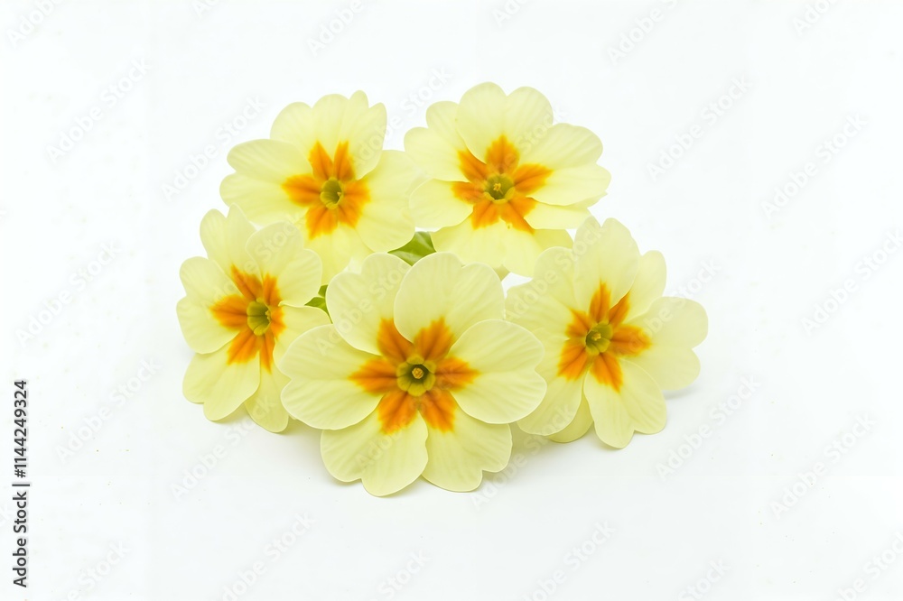 Obraz premium Delicate Pale Yellow Primula Flowers on White Background