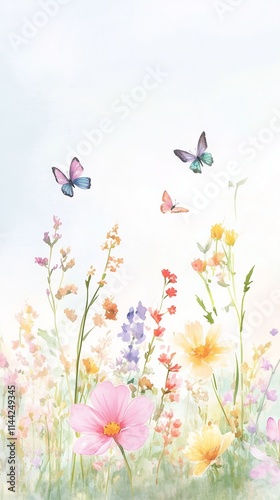 Ethereal watercolor illustration of a dreamy meadow with colorful wildflowers and butterflies, high-quality, ethereal allure, nature's symphony