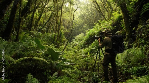 A photographer patiently waiting to capture native Hawaiian wildlife in a dense forest photo