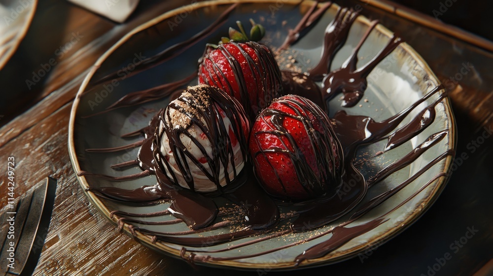 Fototapeta premium Delicious Strawberries Topped with Cream and Chocolate Sauce