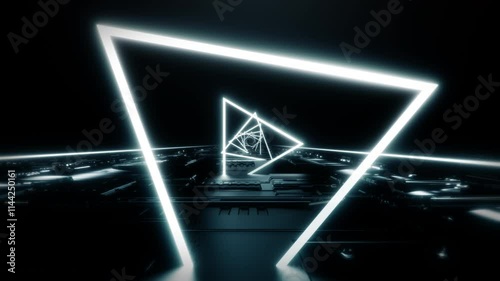 Neon Reflection VJ Universal Background Loop. 3D rendering. Travel passing neon nebula on light bridge with reflection go to deep background seamless loop.
