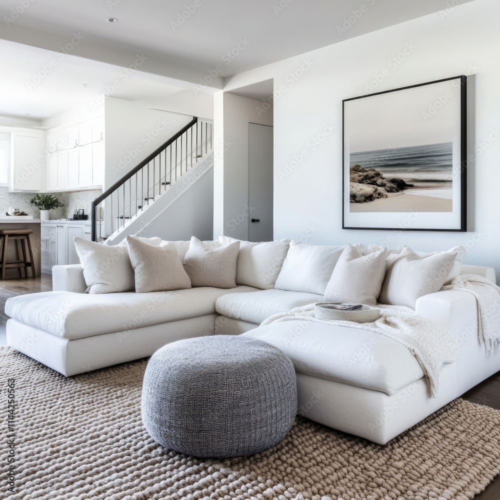 Fototapeta premium Minimalist, Scandinavian style home interior design of modern living room with white sectional sofa.