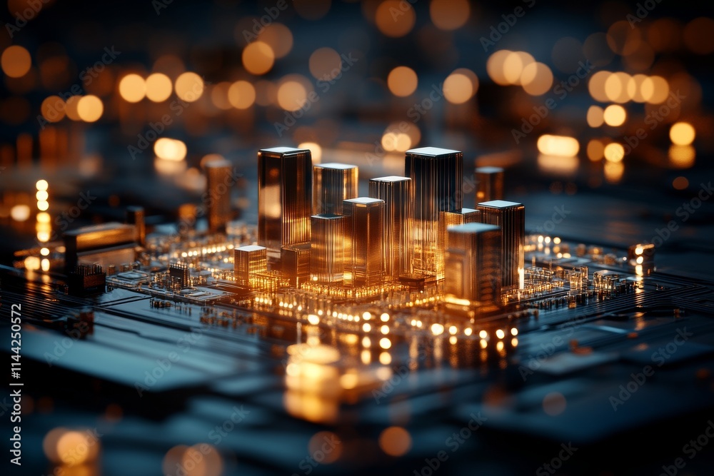Technology and urban development merge in a detailed representation of a city on a circuit board at dusk Technology and urban development merge in a detailed representation of a city on a circuit board at dusk