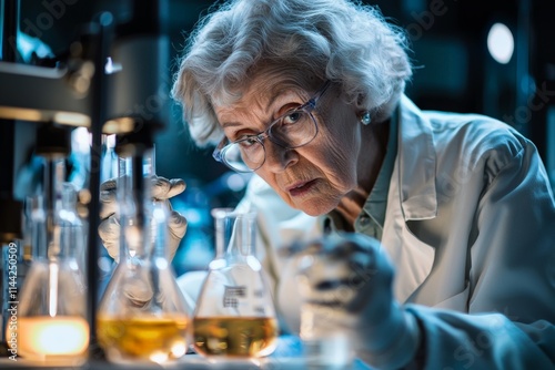 Senior scientist conducting research in a laboratory. Research, innovation, older women in STEM concept.