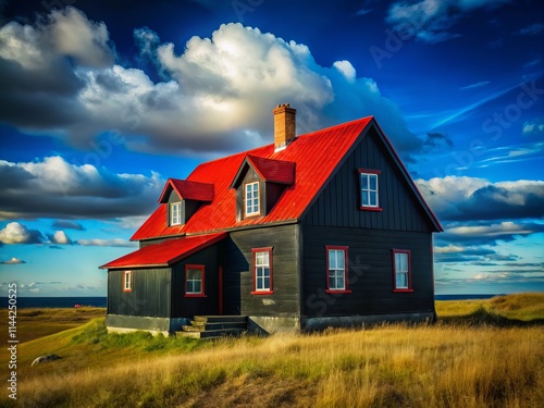 Mysterious Black House Red Roof Blue Sky - Surreal Medium Shot Photography photo