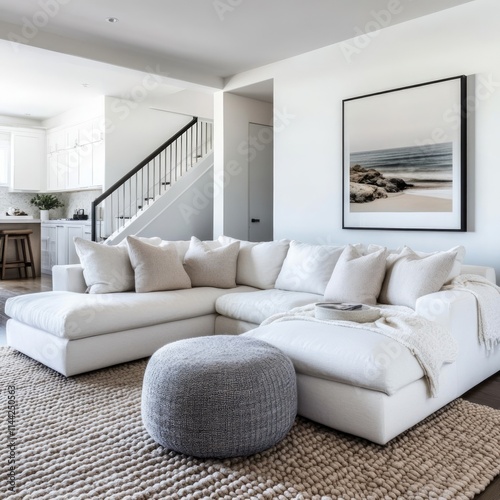 Minimalist, Scandinavian style home interior design of modern living room with white sectional sofa.