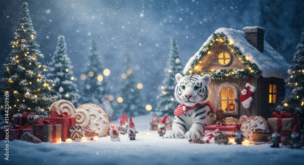 Fototapeta premium A cute Tiger stuffed animal in a Christmas scene, animals in christmas, a cute stuffed animal puppet, Tiger