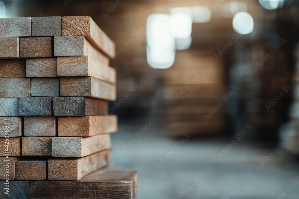 Wooden planks neatly stacked in a workshop ready for crafting projects and construction activities Wooden planks neatly stacked in a workshop ready for crafting projects and construction activities