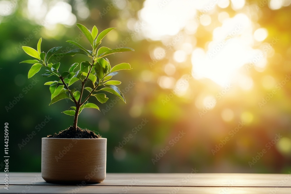 Fresh green plant growing in a wooden pot illuminated by warm sunlight at golden hour Fresh green plant growing in a wooden pot illuminated by warm sunlight at golden hour