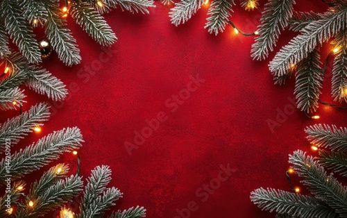 A cheerful red backdrop featuring frosted pine branches and glowing fairy lights