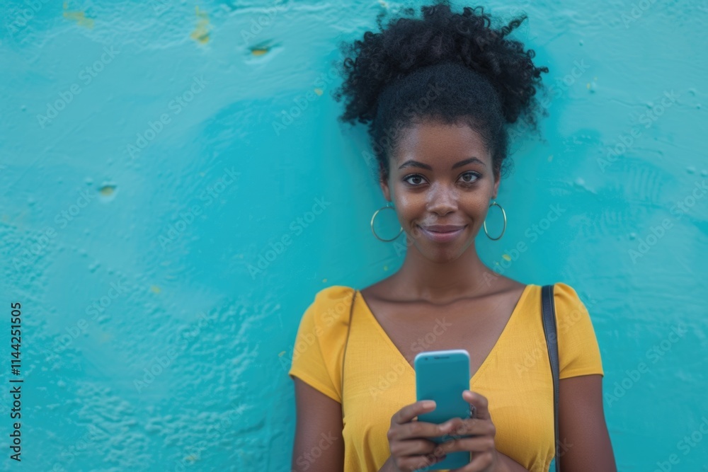Portrait of attractive young african american woman holding cellphone by blue wall Portrait of attractive young african american woman holding cellphone by blue wall