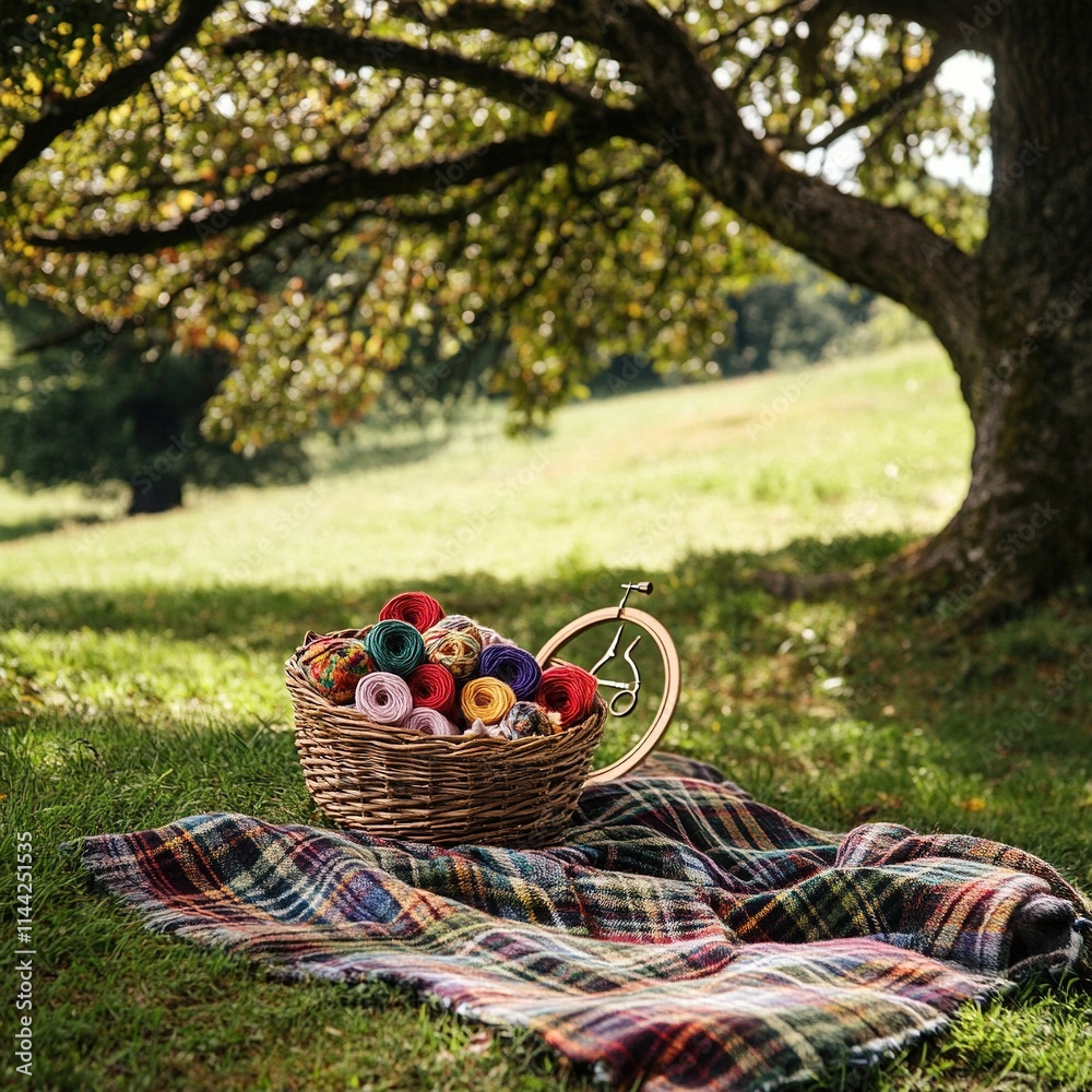 Yarn in a bicycle basket on a blanket under a tree. Yarn in a bicycle basket on a blanket under a tree.
