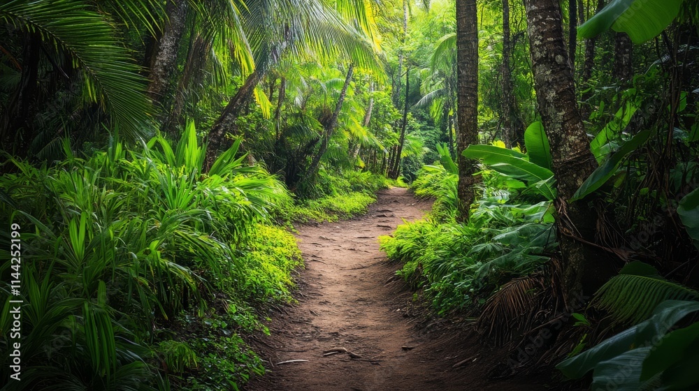 A secluded hiking trail on Hawaii Island leading through dense tropical jungle A secluded hiking trail on Hawaii Island leading through dense tropical jungle