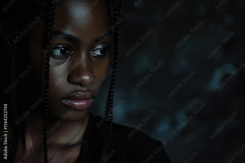 Portrait of beautiful young black woman showing emotions in darkness. Portrait of beautiful young black woman showing emotions in darkness.