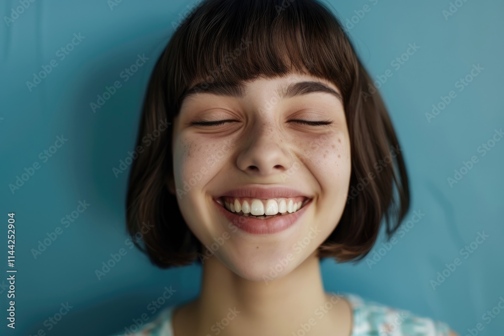 Happy teenage girl laughing with closed eyes indoors. Happy teenage girl laughing with closed eyes indoors.