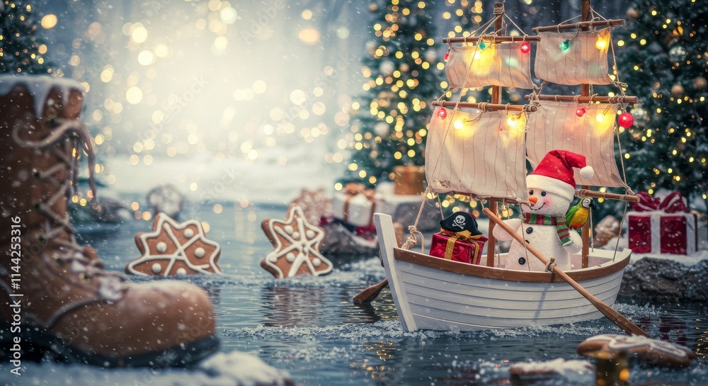 Naklejka premium Cute Snowman during Christmas season on a boat sailing on a river with snow falling and a Christmas town