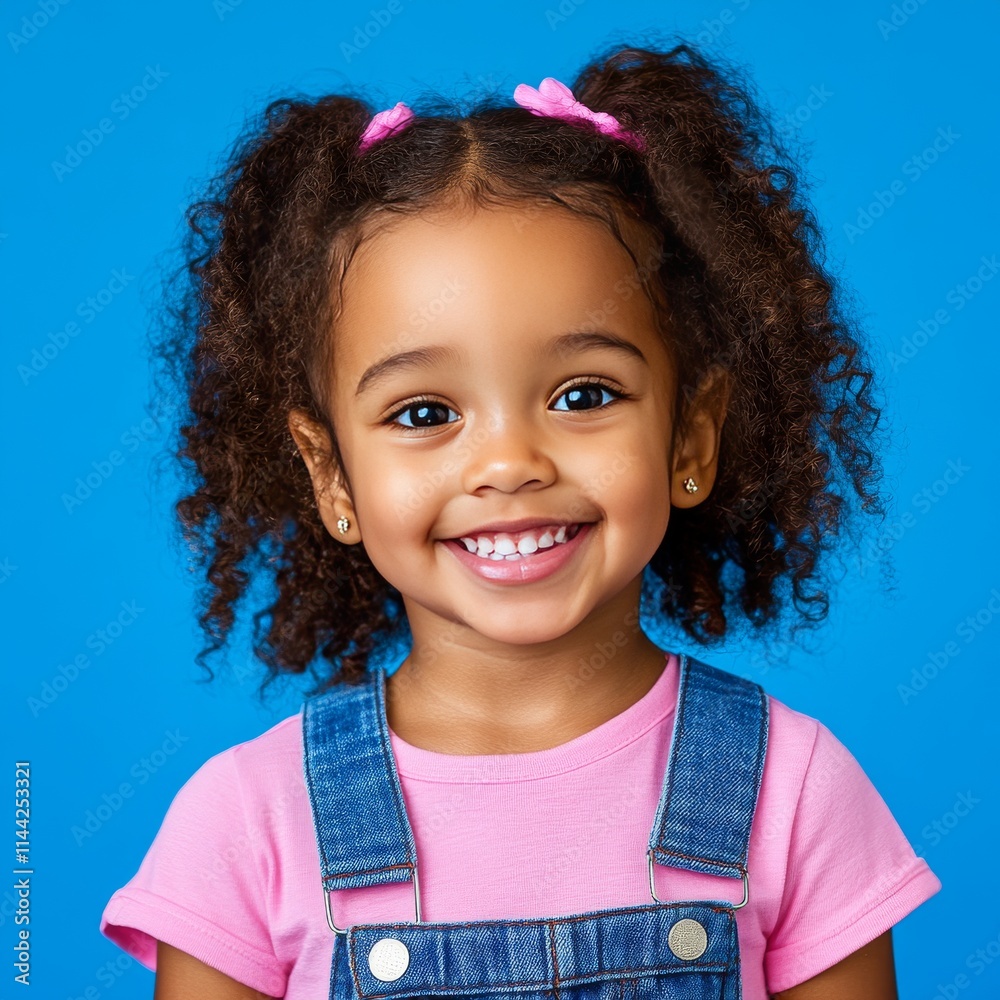 A cheerful black girl wearing denim overalls over a pink T-shirt on a light gray background. Her cheerful pose reflects warmth and positivity. A cheerful black girl wearing denim overalls over a pink T-shirt on a light gray background. Her cheerful pose reflects warmth and positivity.