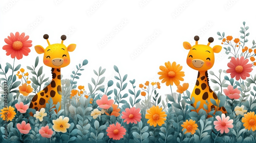 Charming Cartoon Giraffes Surrounded by Colorful Flowers in a Playful and Whimsical Landscape Perfect for Children's Themes and Designs Charming Cartoon Giraffes Surrounded by Colorful Flowers in a Playful and Whimsical Landscape Perfect for Children's Themes and Designs