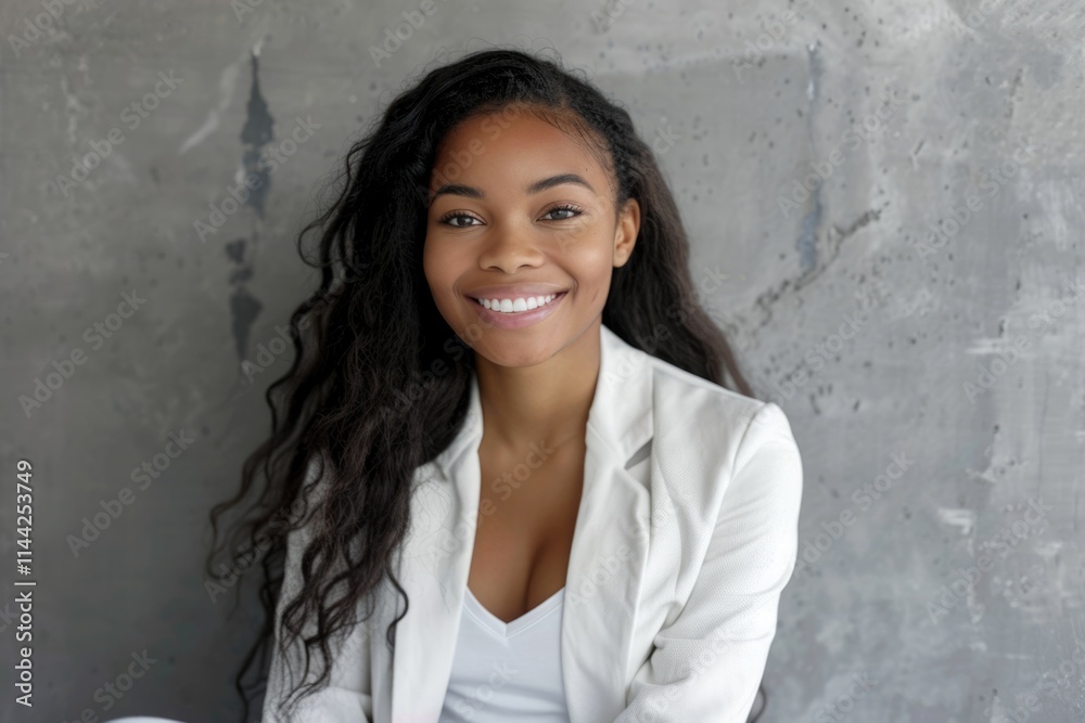 Portrait of smiling Black woman in white blazer against gray wall. Portrait of smiling Black woman in white blazer against gray wall.