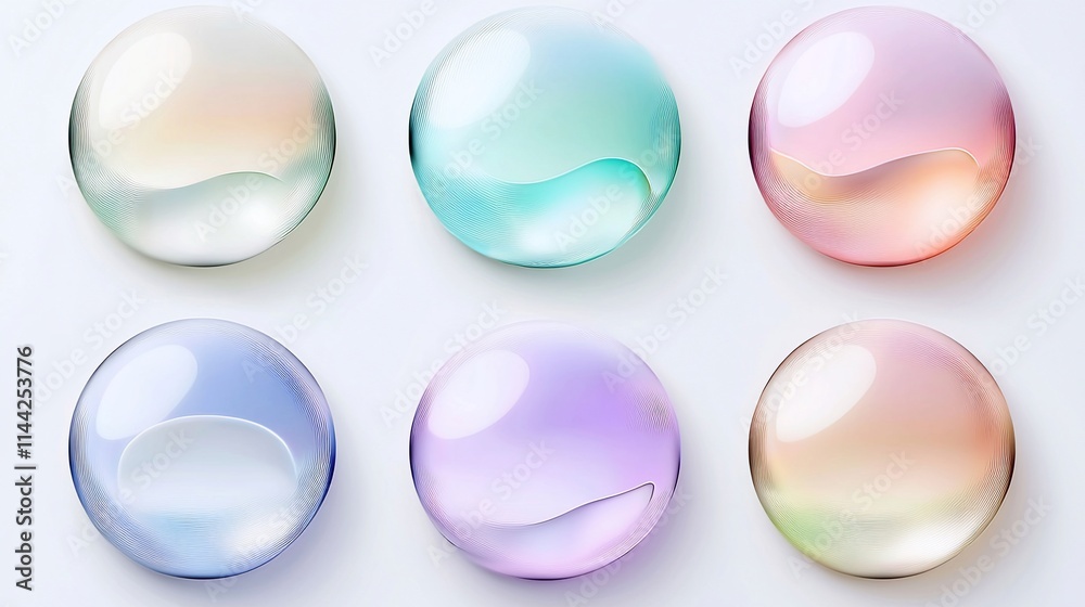 Six pastel-colored glass spheres on white background.