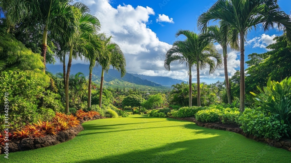 A tropical garden in Hawaii with towering palm trees and lush greenery A tropical garden in Hawaii with towering palm trees and lush greenery