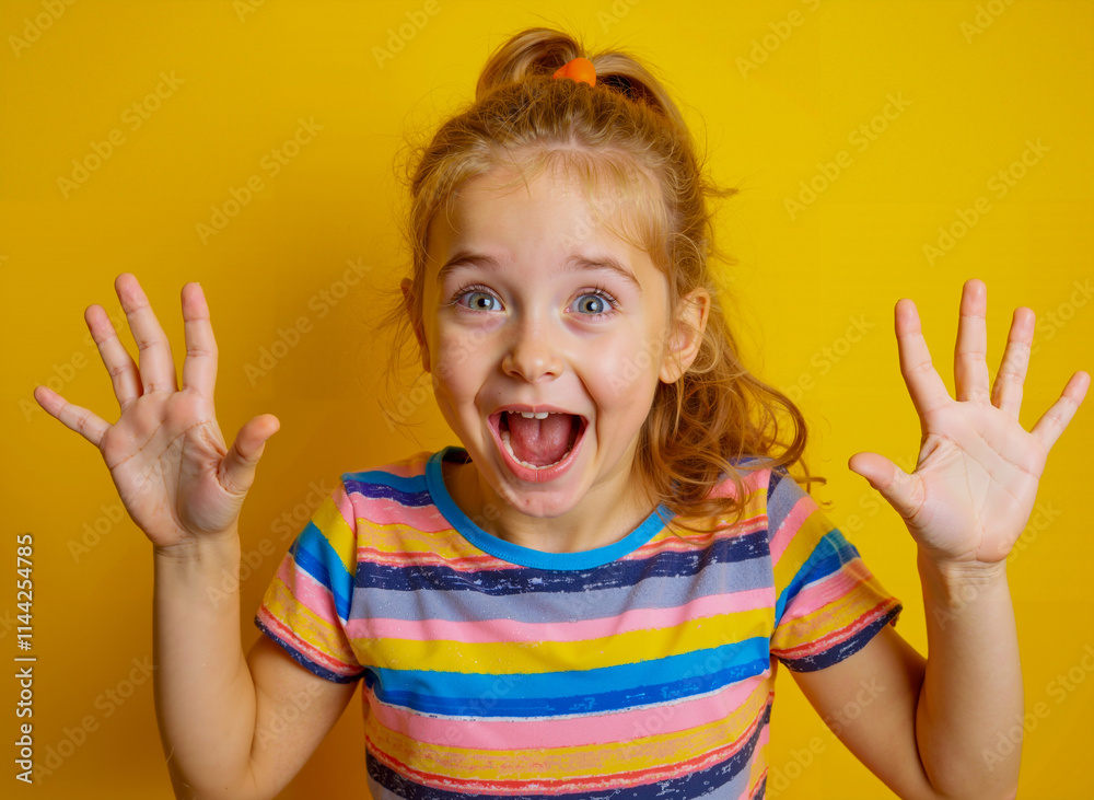Little Girl Raising Hands Against Yellow Background Little Girl Raising Hands Against Yellow Background