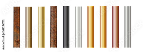 Pipe set isolated on background. Chrome, rusty, steel, golden, copper and iron pipes profile. Cylinder metal tubes. Vector