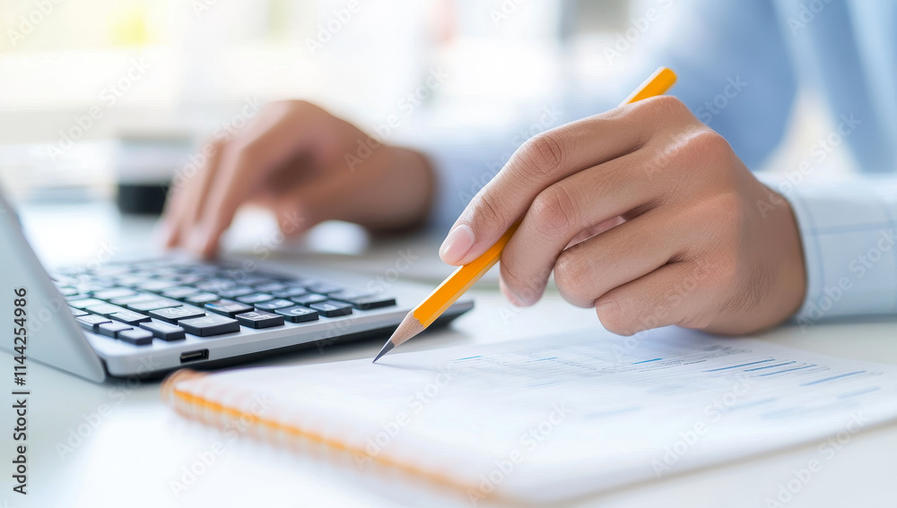 Person working on calculations with a laptop and a paper document Person working on calculations with a laptop and a paper document