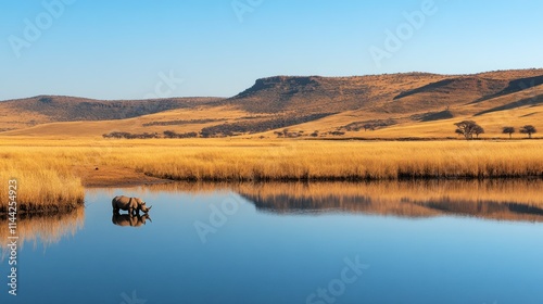 A lone white rhino drinks at a tranquil waterhole in KwaZulu-Natal, its reflection mirrored in the calm water