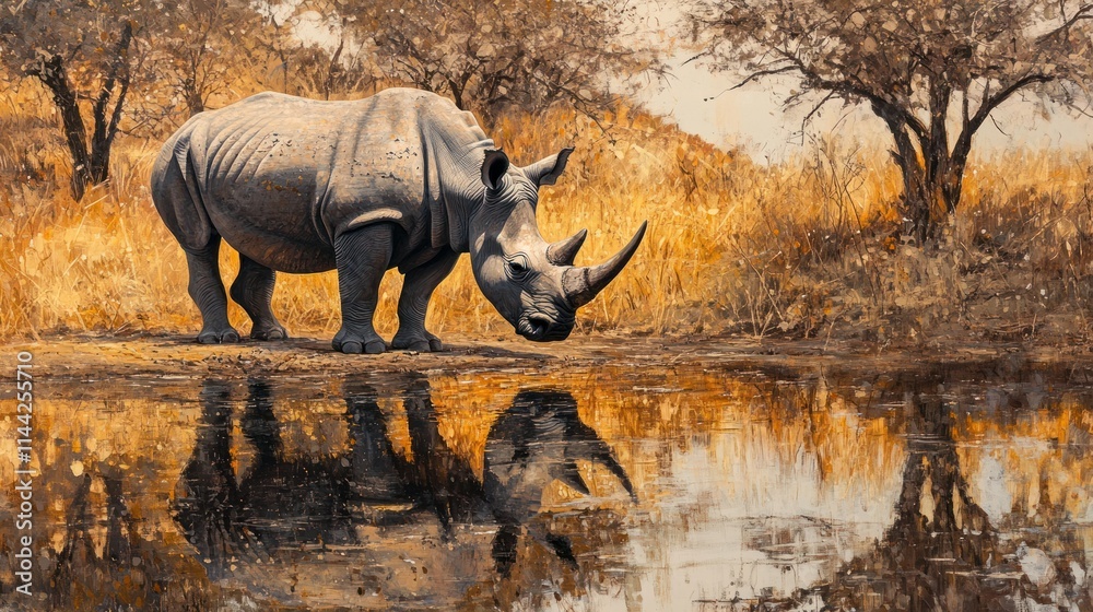 Fototapeta premium A solitary white rhino drinking at a waterhole in the KwaZulu-Natal region of South Africa. The still water reflects the large figure, surrounded by dry grass and acacia trees