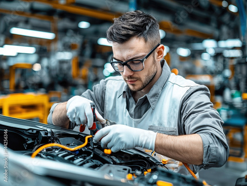 Mechanics repair engine testing. A mechanic repairs machinery in an industrial workshop with tools and precision.