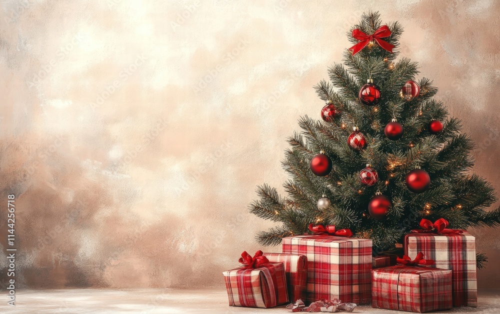Obraz premium A cozy tree with red plaid decorations and matching gift boxes, placed on a soft beige background