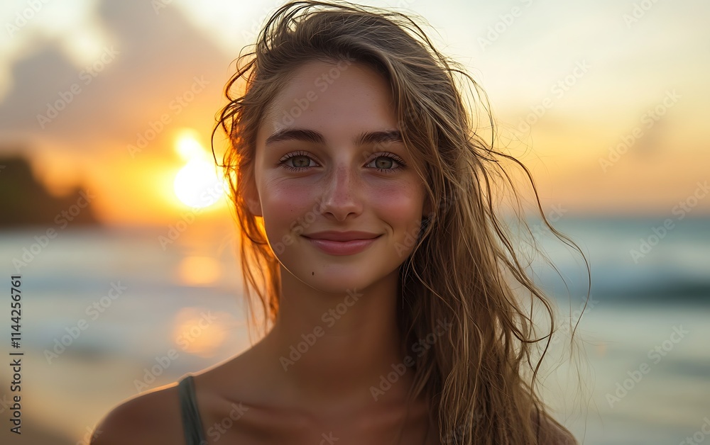 Happy young woman smiling at sunset on beach. Happy young woman smiling at sunset on beach.
