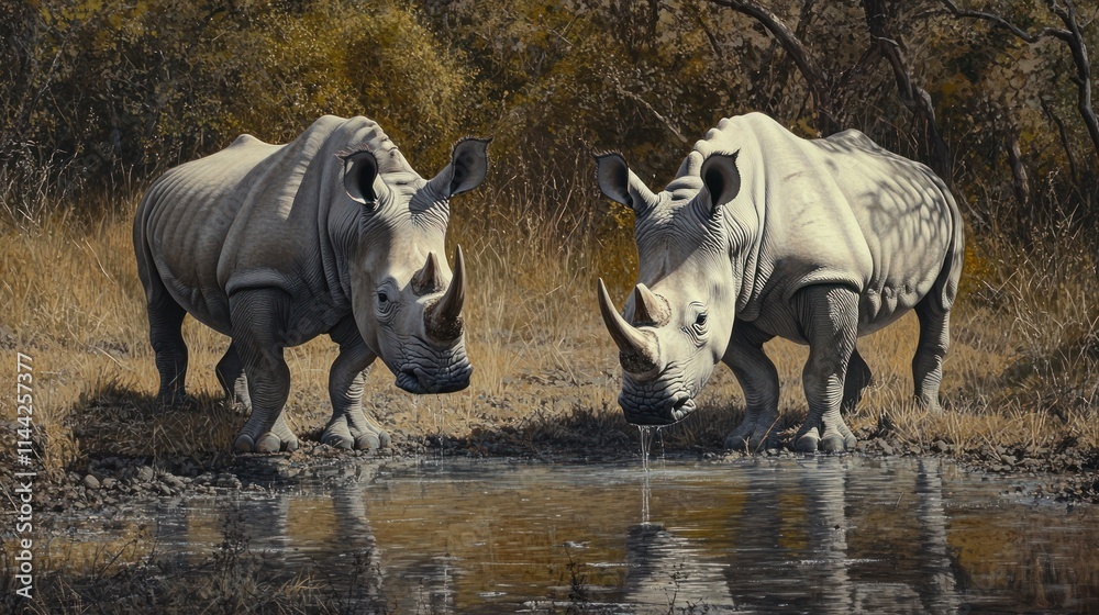 Fototapeta premium Two white rhinos at a waterhole in KwaZulu-Natal, one drinking and the other standing nearby. The dry grass and scattered trees provide a beautiful contrast to the grey rhinos and the serene water.
