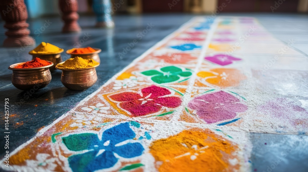 Colorful Rangoli Design Created with Vibrant Powders on Floor Colorful Rangoli Design Created with Vibrant Powders on Floor