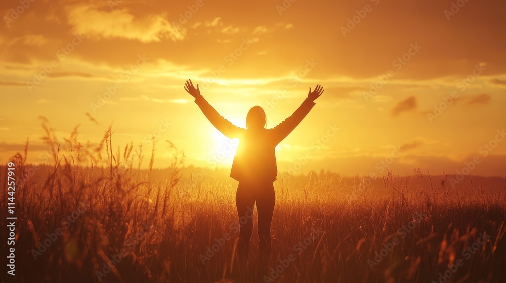 Silhouetted woman with arms raised, enjoying a vibrant sunset in a field. Silhouetted woman with arms raised, enjoying a vibrant sunset in a field.