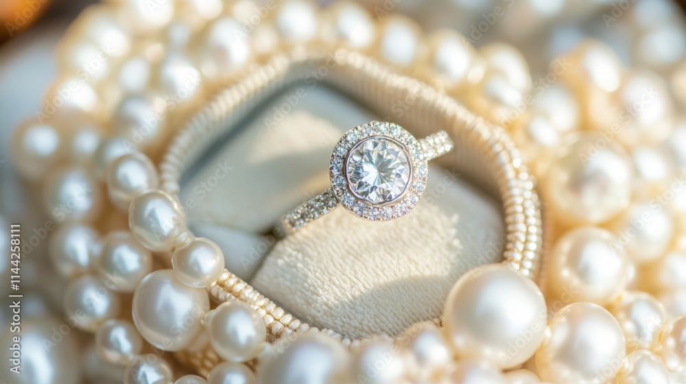 Elegant Diamond Ring Surrounded by Lustrous Pearl Necklace Elegant Diamond Ring Surrounded by Lustrous Pearl Necklace