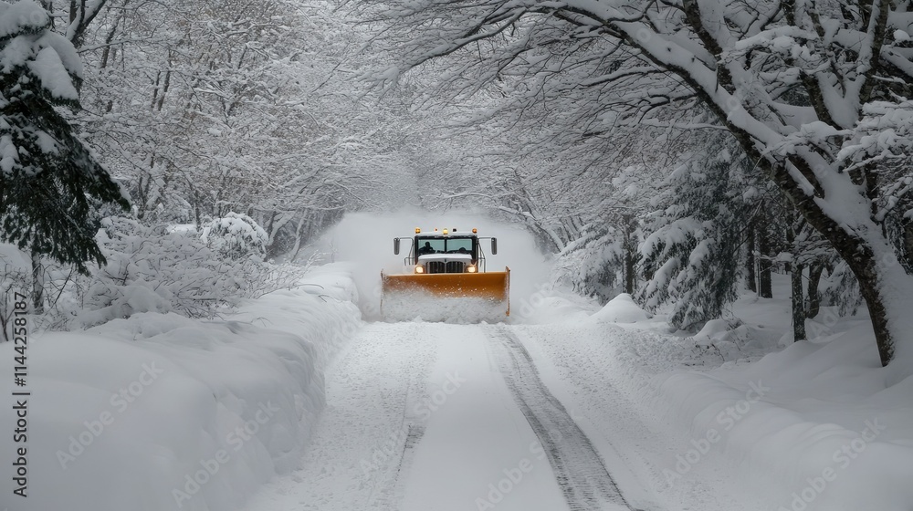 Snow Plow Clearing Snowy Road in Winter Wonderland Landscape