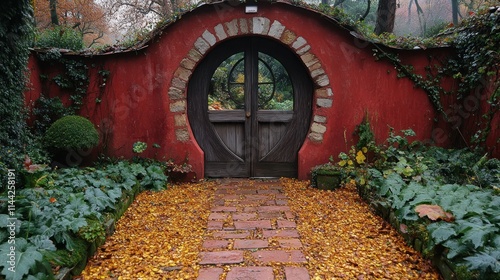 Autumnal garden path leads to arched wooden gate in red brick wall. photo