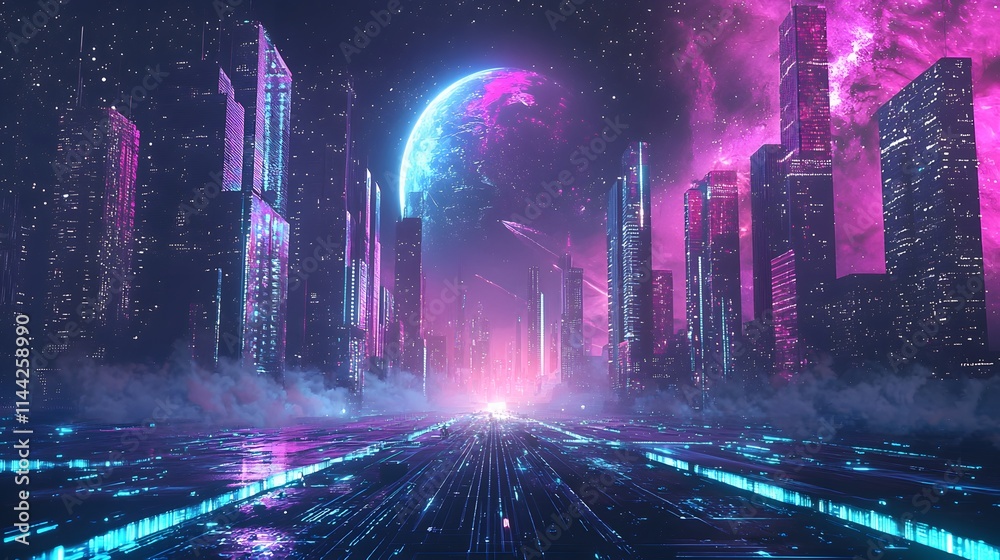High-Tech City with Neon Glow and Space Background High-Tech City with Neon Glow and Space Background