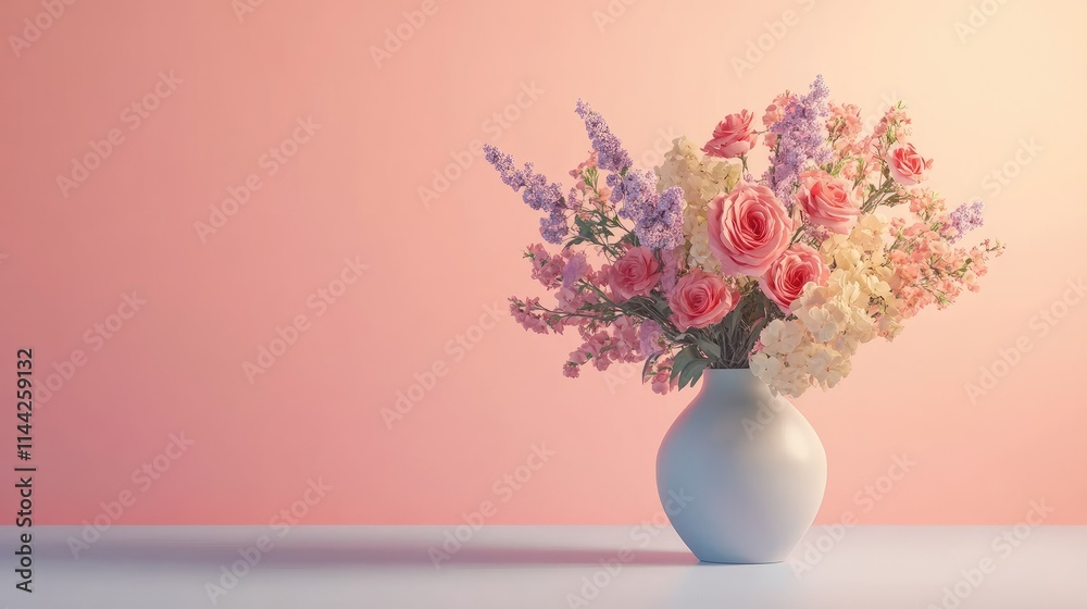 Stunning pastel floral bouquet elegantly arranged in a ceramic vase on a bright, minimalist backdrop Stunning pastel floral bouquet elegantly arranged in a ceramic vase on a bright, minimalist backdrop