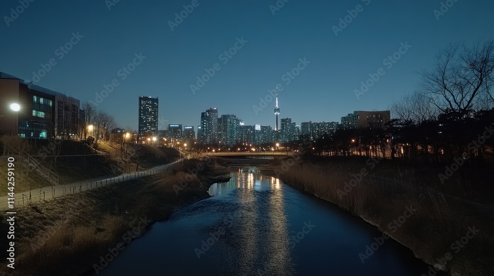 skyline glowing brightly at night from Dongjak Bridge, with the Han River peacefully flowing beneath. Namsan Tower is beautifully lit in the distance, adding charm to the nighttime scene. skyline glowing brightly at night from Dongjak Bridge, with the Han River peacefully flowing beneath. Namsan Tower is beautifully lit in the distance, adding charm to the nighttime scene.