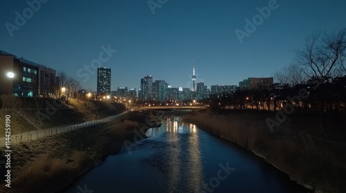 Wallpaper Mural skyline glowing brightly at night from Dongjak Bridge, with the Han River peacefully flowing beneath. Namsan Tower is beautifully lit in the distance, adding charm to the nighttime scene. Torontodigital.ca